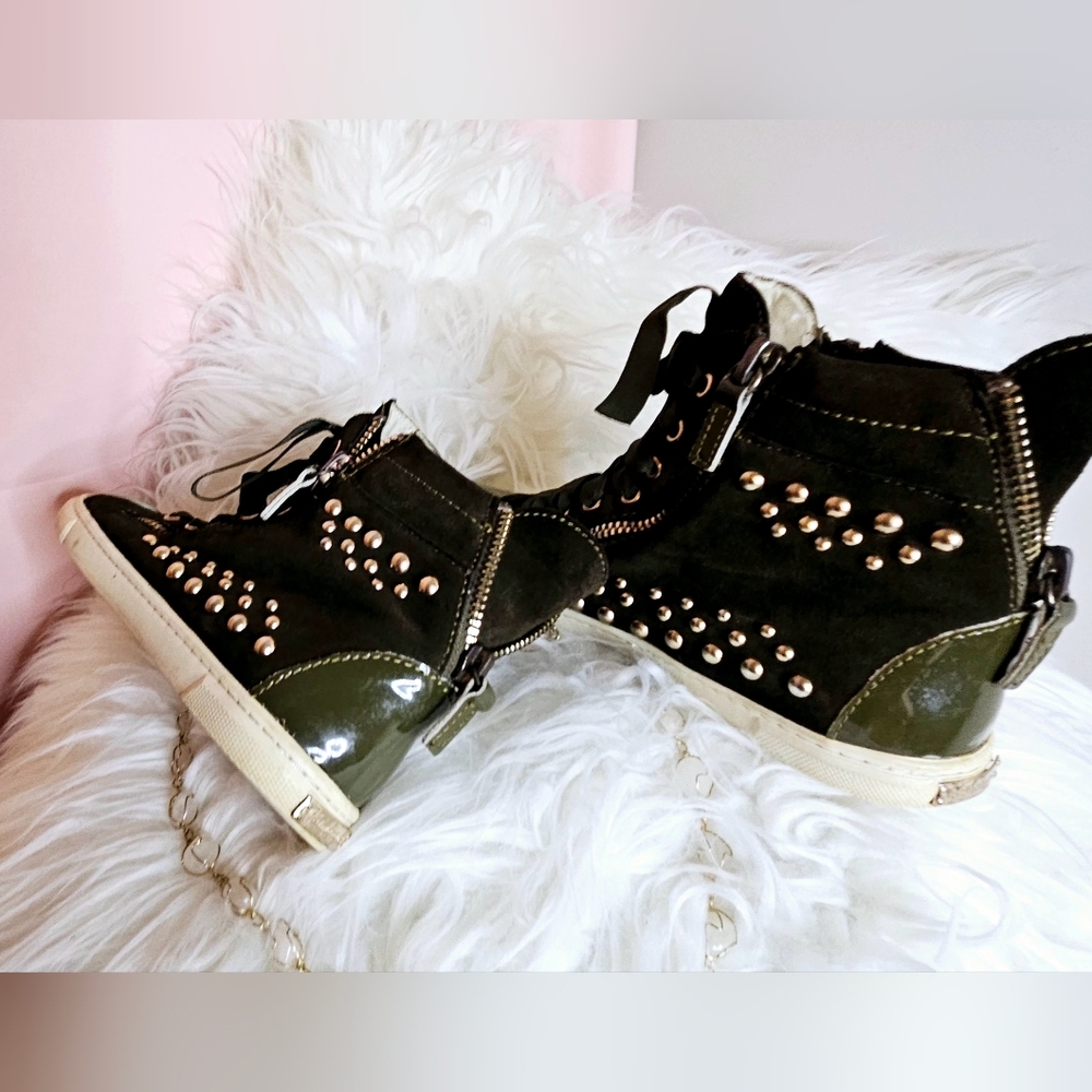 Suede Green Booties golden studded, Side zipper closure Size 9.5